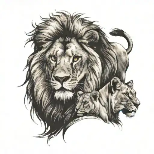 Lion And Lioness With Cub