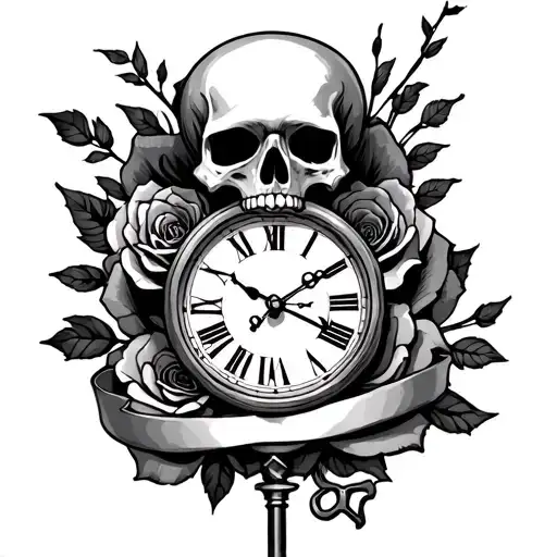 Skull Key Clock Rose Banner Wrapped