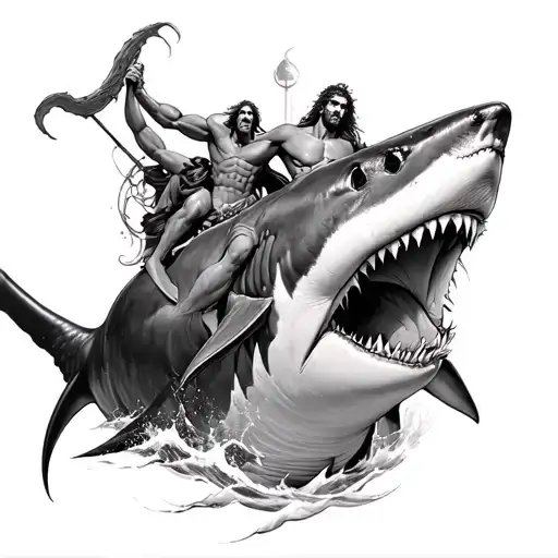Poseidon Riding A Majestic Great White Shark Like A Mythical Sea Creature