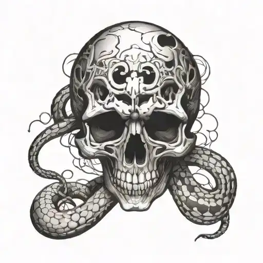 Snake Going Throught A Skull With Broken Hearts