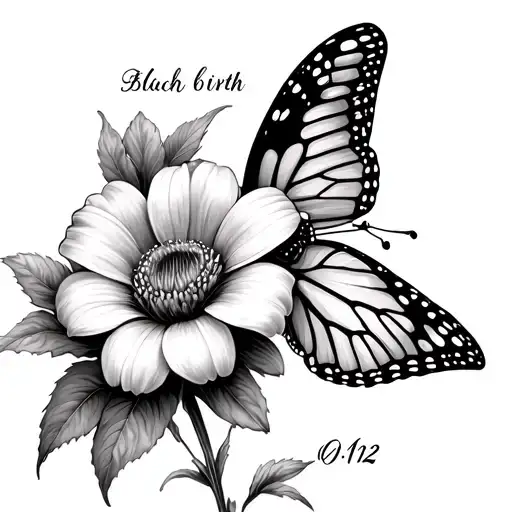 Flower Tattoo With A Butterfly And A Date Of Birth