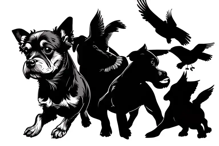 Silhoette 2 Small Dogs And Two Big Dogs Chasing 4 Birds