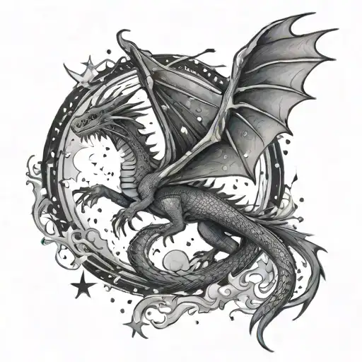 Dragon Spreading Wings To A Broken Moon And Starry Sky