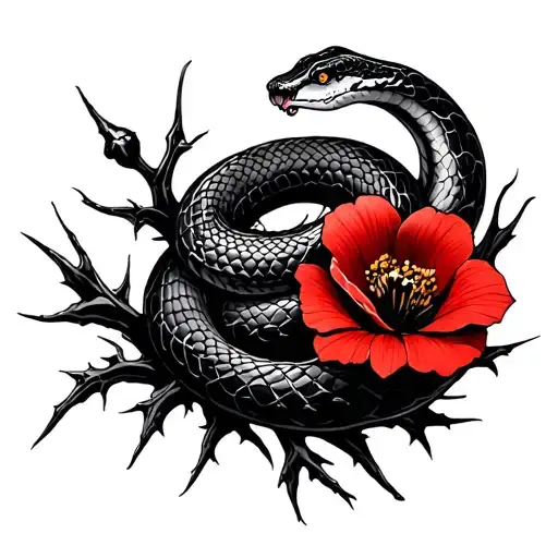A Snake In Thorns With A Red Flower Accent