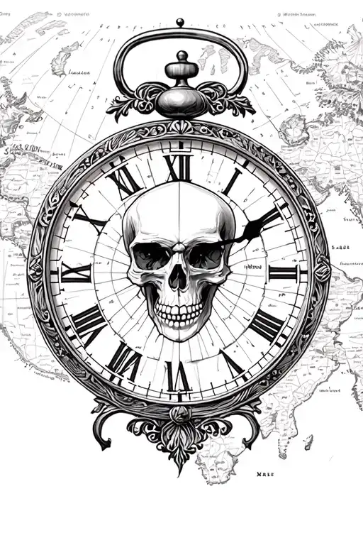 Clock With Filagree And Skull On A Map Outline