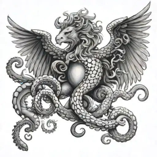Octopus With Chest And Pheonix Flying Behind A Lion