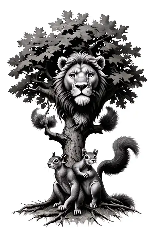 Oak Tree With 3 Squirrels Father Lion