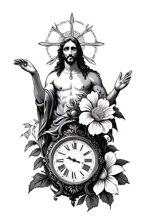 God Infront Of A Clock And A Flower
