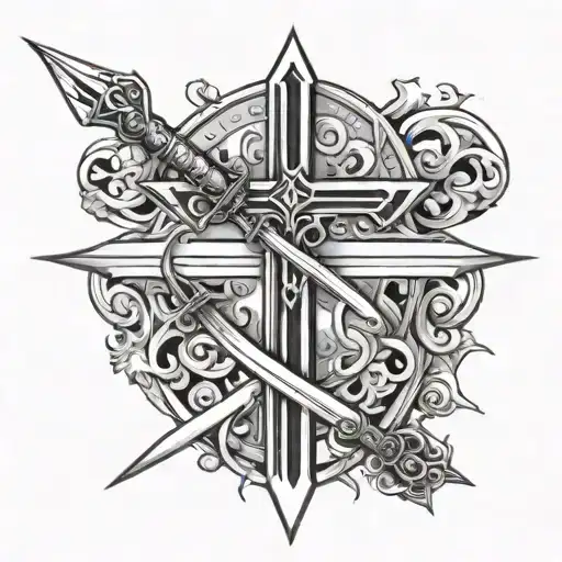 3 Swords Cross Tattoo With H S L On Them