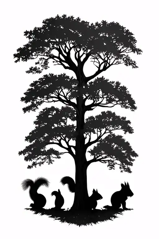 Oak Tree With 3 Squirrel Silhouettes