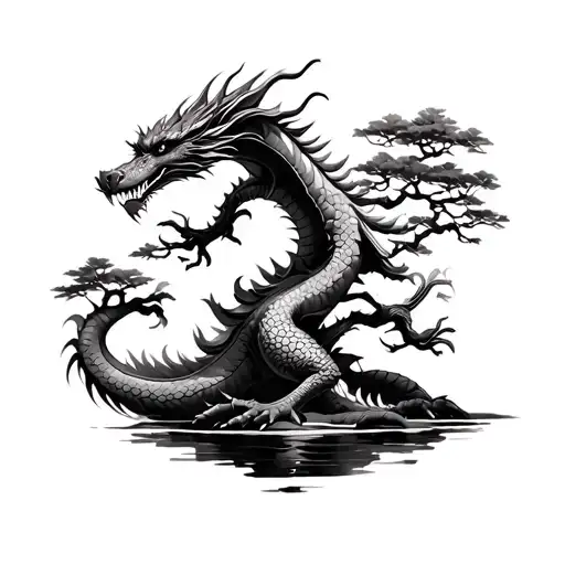 Tribal Dragon In Front Of Bonsai Tree