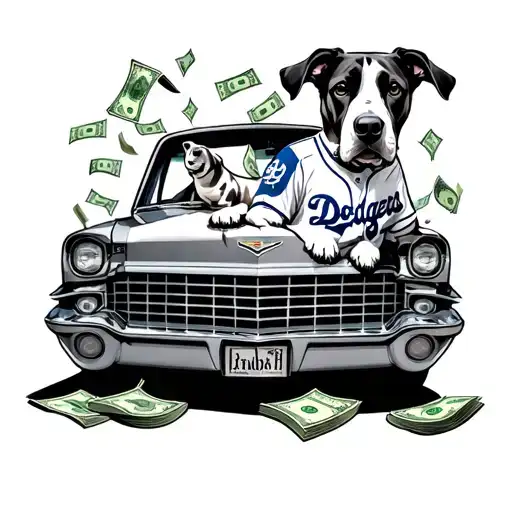 A Dog Wearing A Dodgers Jersey Sitting In A Cadillac With Money Raining Down Around Them
