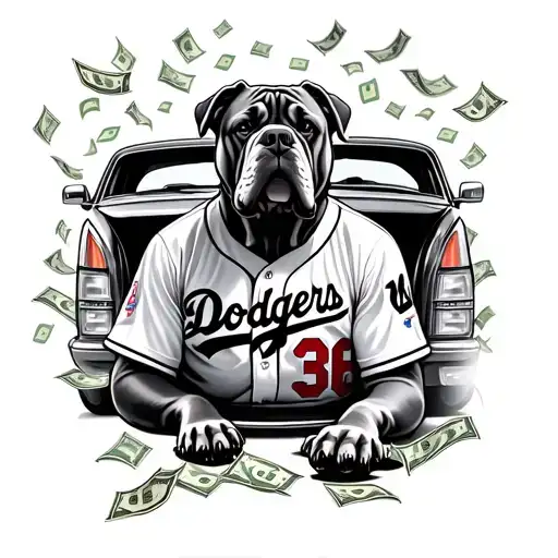 A Cane Corso Wearing A Dodgers Jersey Sitting In A Cadillac With Money Raining Down Around Them