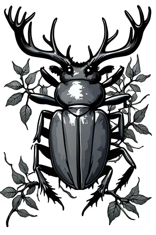 Creepy And Cute Stag Beetle With Webs Entwined In Vines And Branches