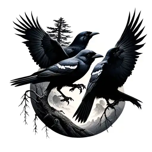 Crows With Trees And A Moon