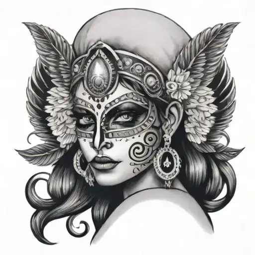 Indian Lillith Godess With Mask Of Skull And White Eyes