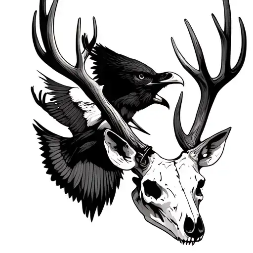 Deer Skull With A Hawk And Crane In The Antler