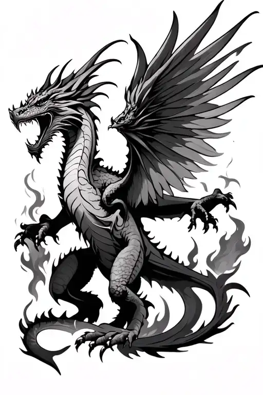 Fire Breathing Dragon From The Fire Emerges A Pheonix