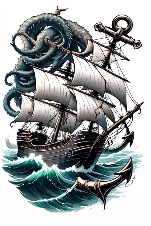 Full Sleeve Navy Anchor With Ship Sailing Through Storm And Kraken