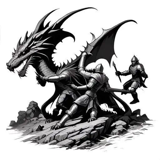 Knights Fighting A Dragon On Rocky Terrain