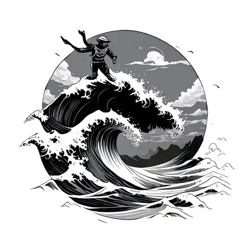 A Tiny Figure Riding A Wave Incorporating Psychedlic Elements