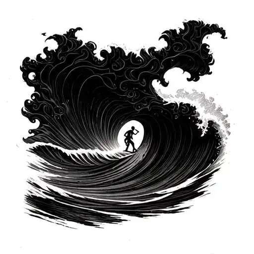A Tiny Figure Riding A Wave Incorporating Psychedlic Elements