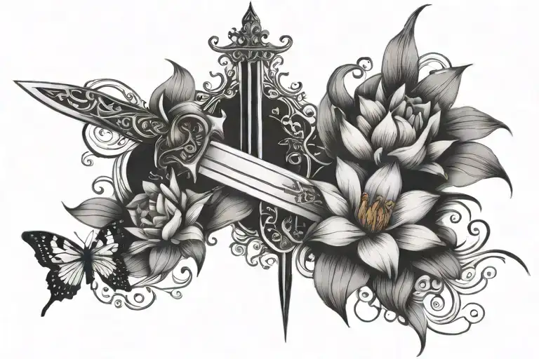 Sword Down Middle With Lotus Flowers And Butterflies