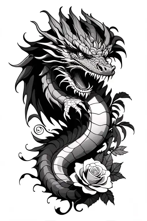 Dragon And Roses Around It