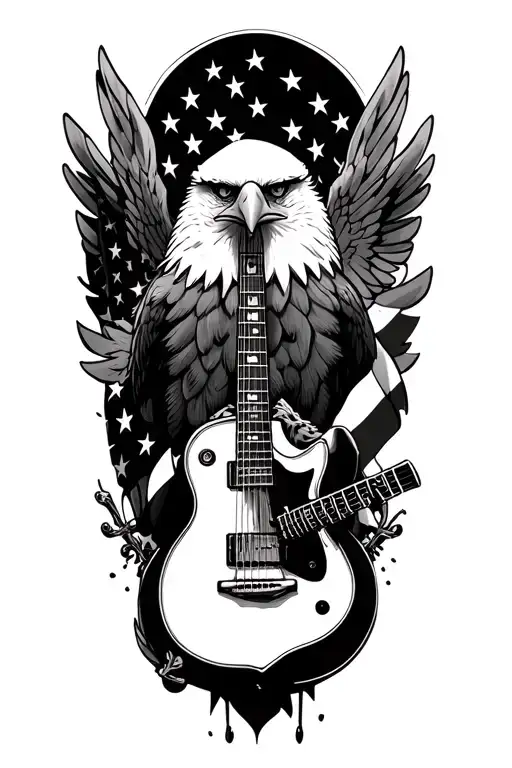 American Flag And Bald Eagle And Guitar