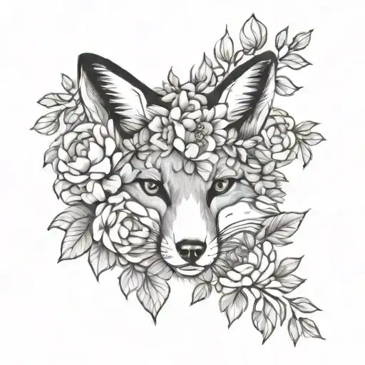 Head Of A Fox Among Peonies With Leaves
