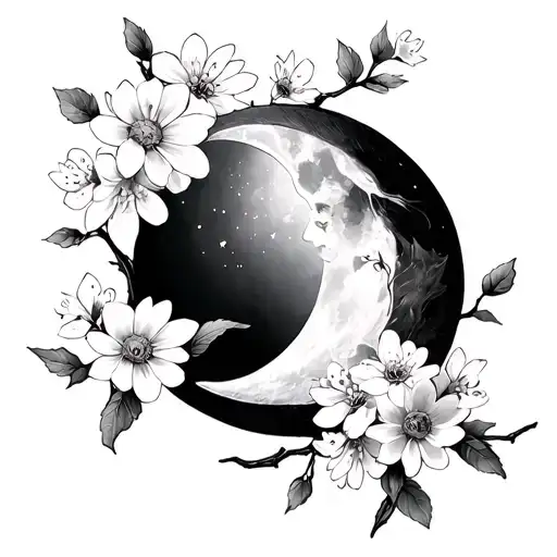 Half Moon Crossed By Cherry Blossoms And Marguerite