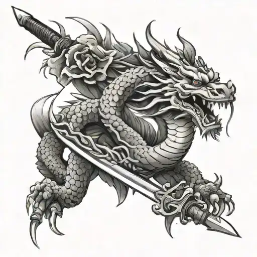 Japanese Dragon On A Sword Going
