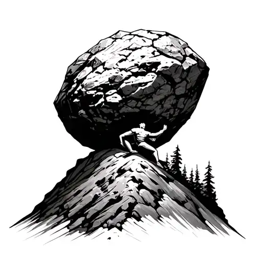 Sisyphus Pushing A Huge Boulder Up A Mountain