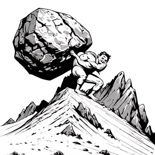 Sisyphus Pushing A Huge Boulder Up A Mountain With A Smile On His Face