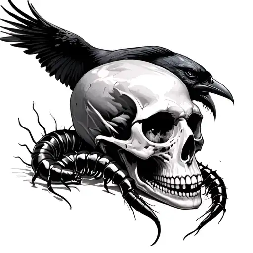 Skull Wit Centipede Coming Out Of Eye Socket With Raven In The Background