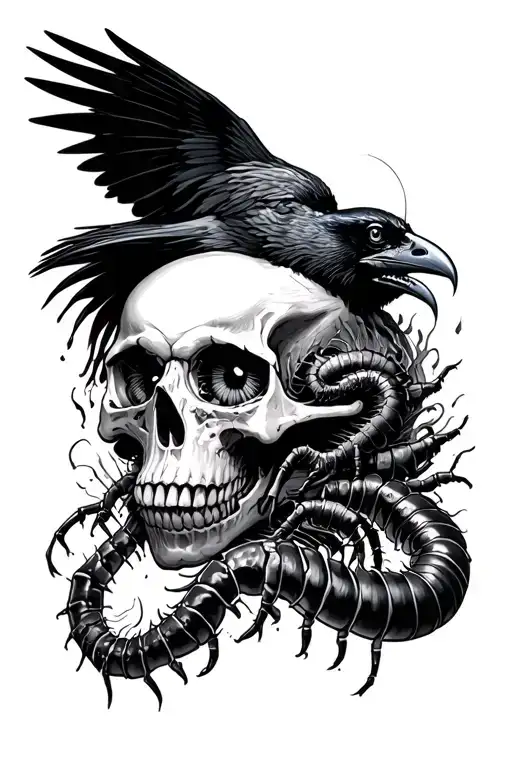 Hskull Wit Centipede Coming Out Of Eye With Raven In The Background