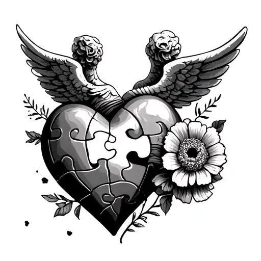 Puzzle Heart With Fallen Piece With Angel Wings And A Marigold Wrapped Around It