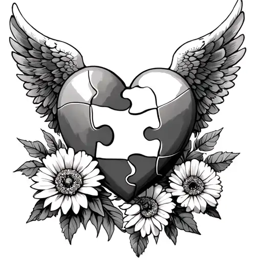 Puzzle Heart With Missing Piece With Angel Wings And A Marigold Wrapped Around It
