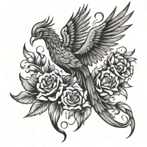 Phoenix And Flowers Surrounding