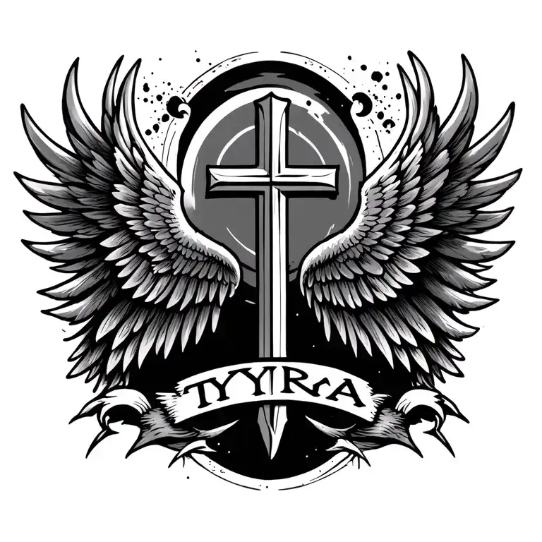 Angle Wings With A Cross And In Between That Cross Says Tyra
