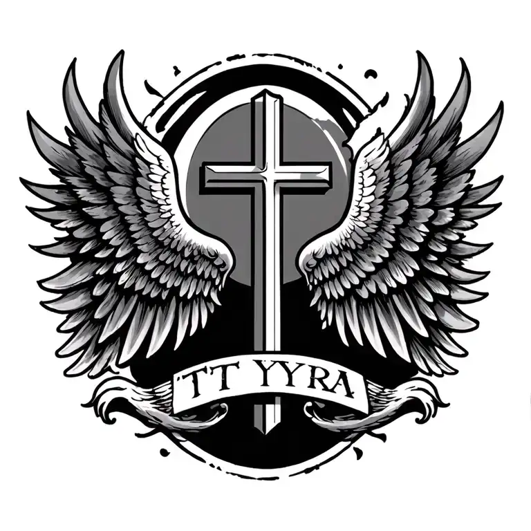 Angle Wings With A Cross And In Between That Cross Says Tyra