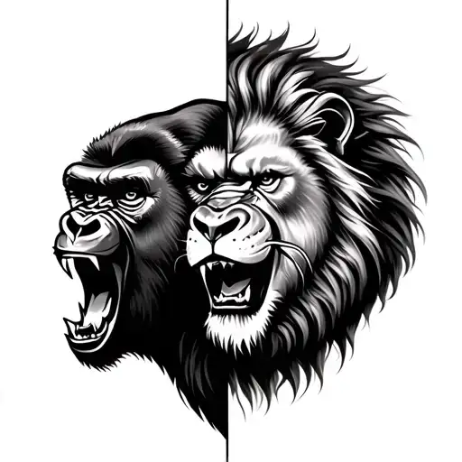 Half Gorilla Face And Half Lion Face Roaring Side By Side