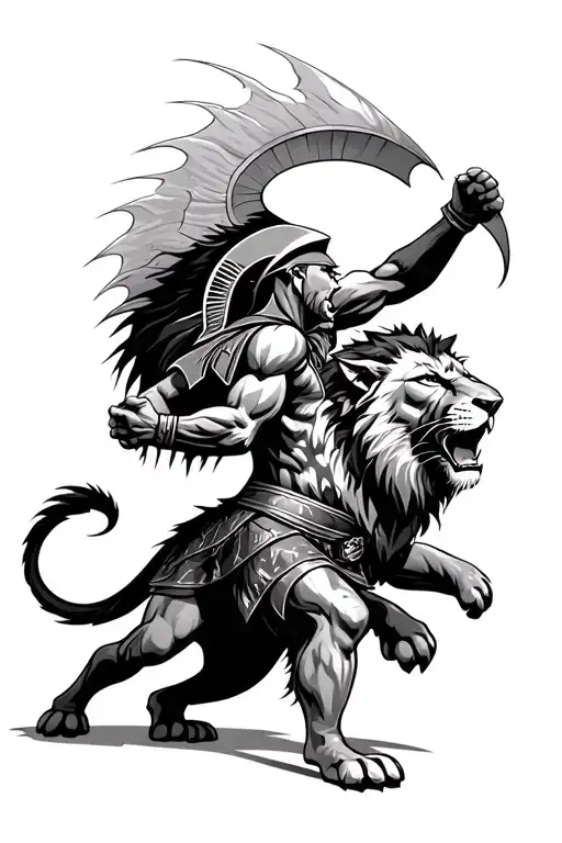 Spartan Warrior Fighting A Lion Roaring