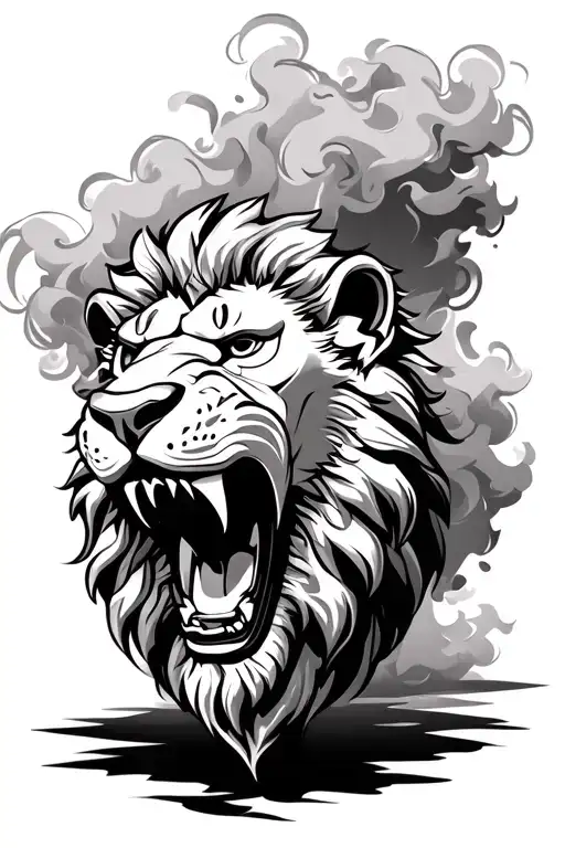 Lion Roaring Samari Mask Under Smoke Around