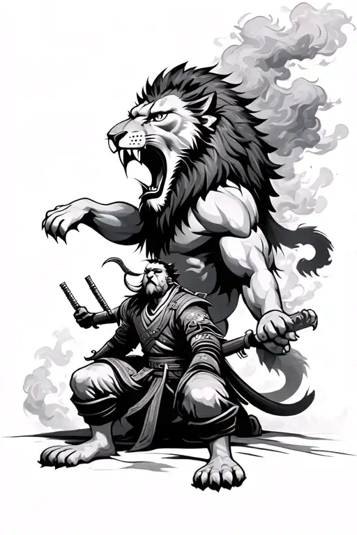 Lion Roaring With Kneeling Samurai Under Smoke Around