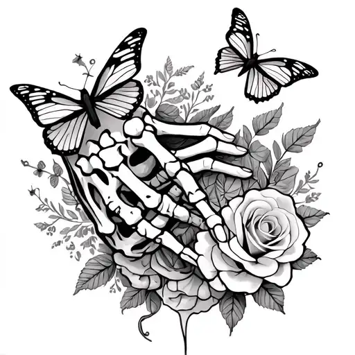 2 Hands Almost Touching Each Other One Is A Skeleton With Roses And Butterflys