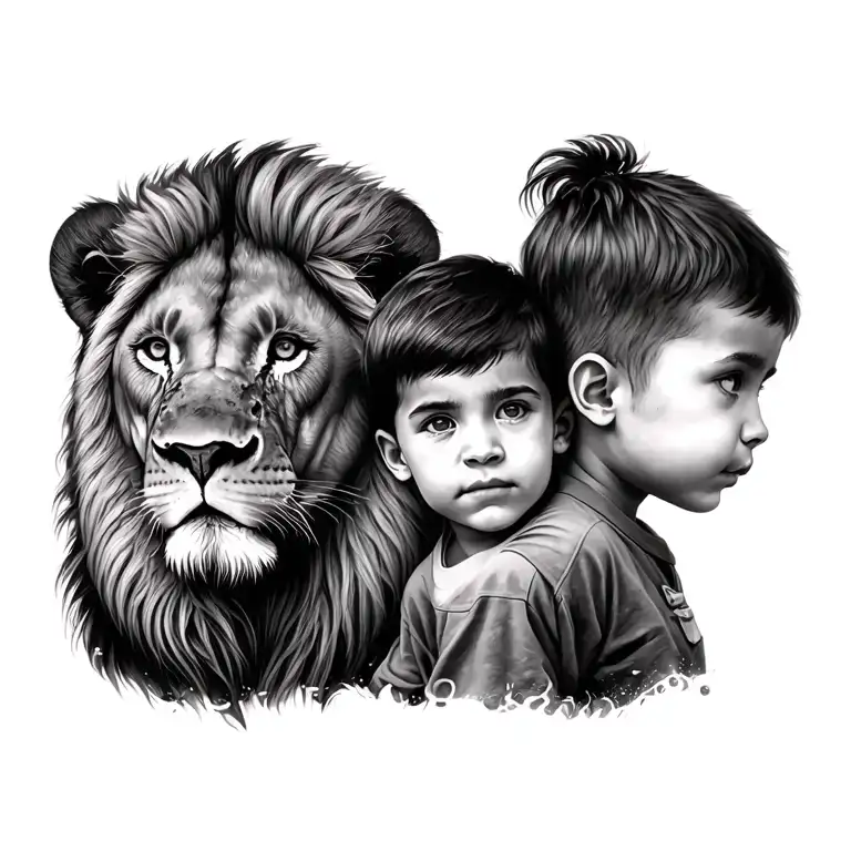 2 Children And Lion Behind
