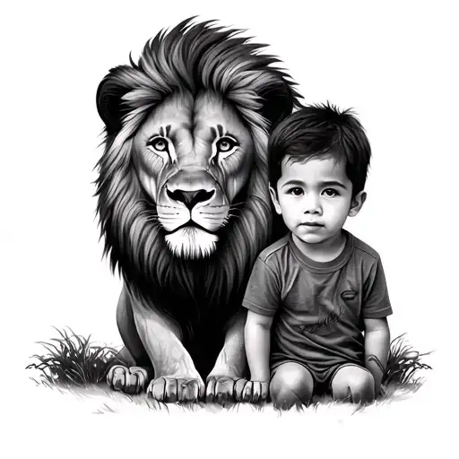 2 Children With Lion Behind