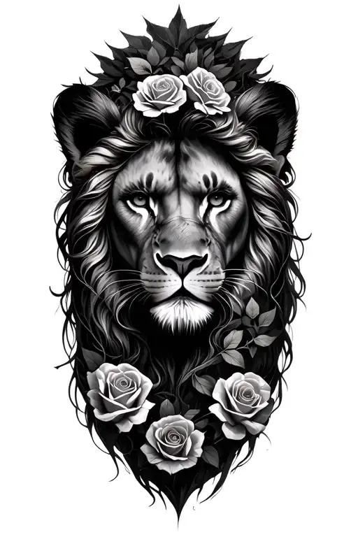 Woman Face And Lion Head With Roses And Trees