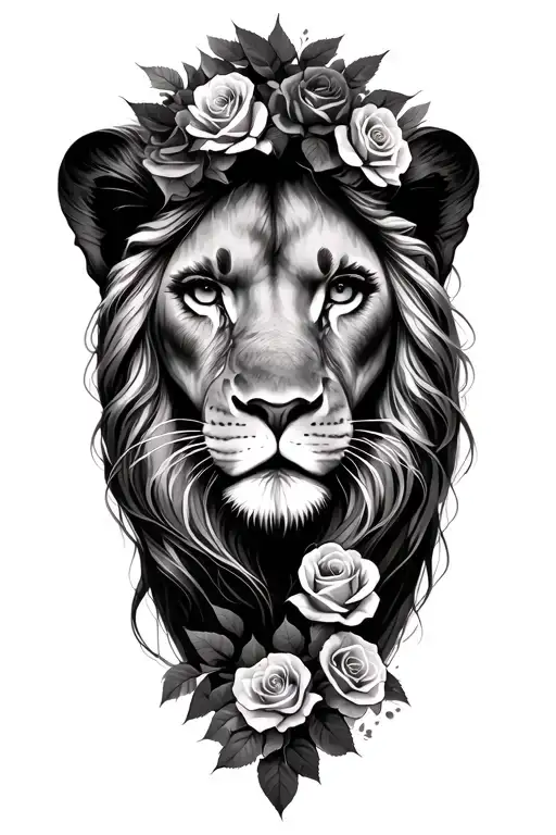 Woman Face Above Lion Head With Roses And Trees